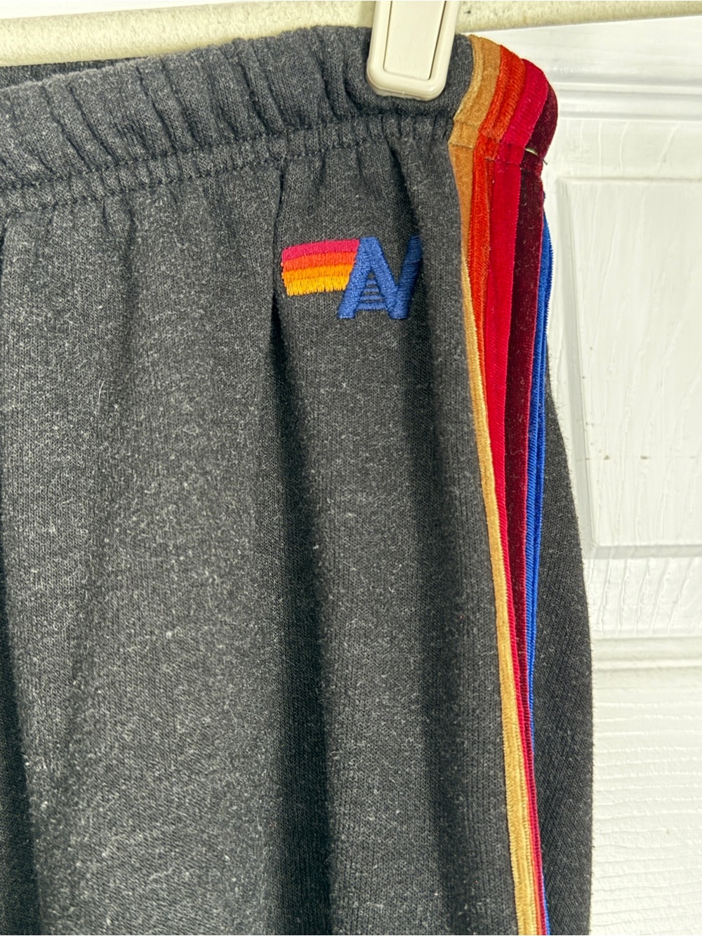 Aviator Nation joggers- grey with rainbow velour piping. Size L - Picture 3 of 7